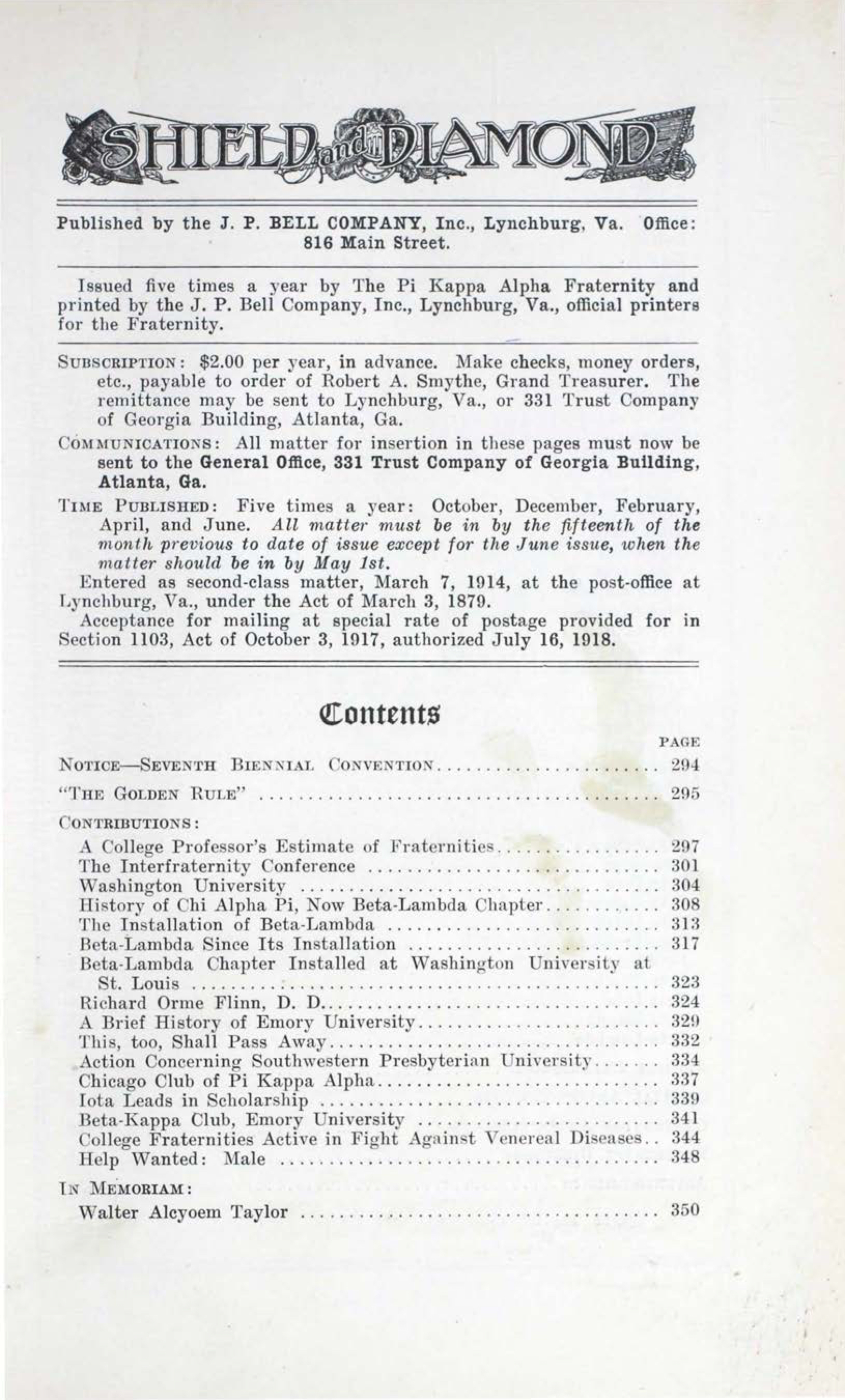 The Shield And Diamond, Vol. 29, No. 3, Table Of Contents